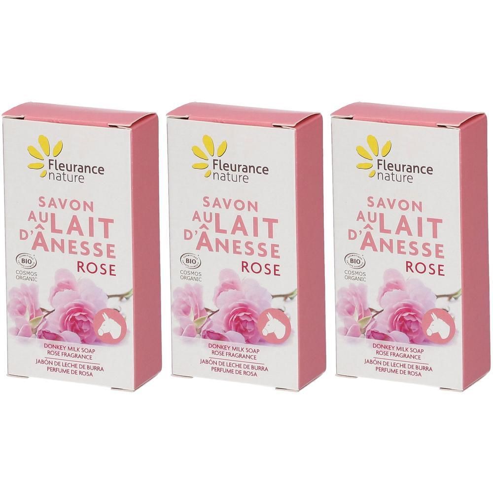 Drie pakken Fleurance Nature Zeep met Ezelinnenmelk Roos Bio, met rozenafbeelding.