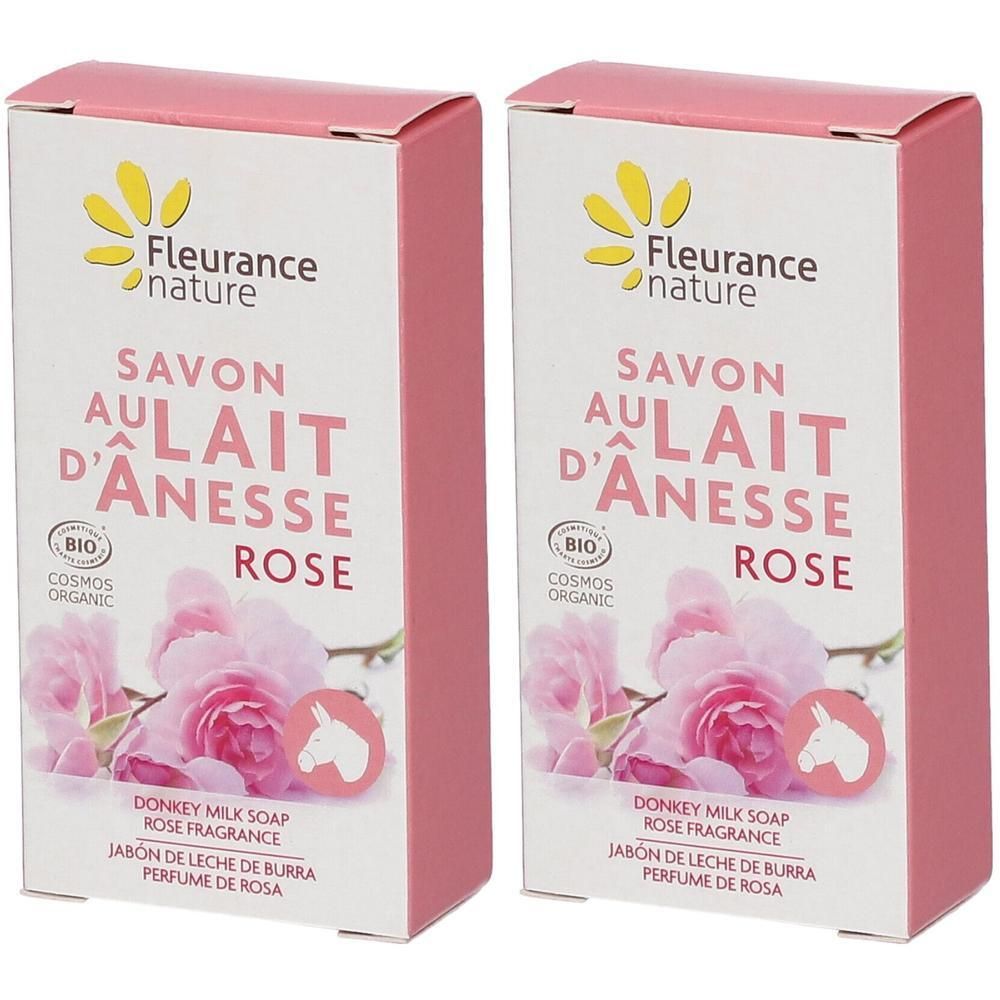 Deux paquets de savon Fleurance Nature au lait d'ânesse bio, parfum rose.