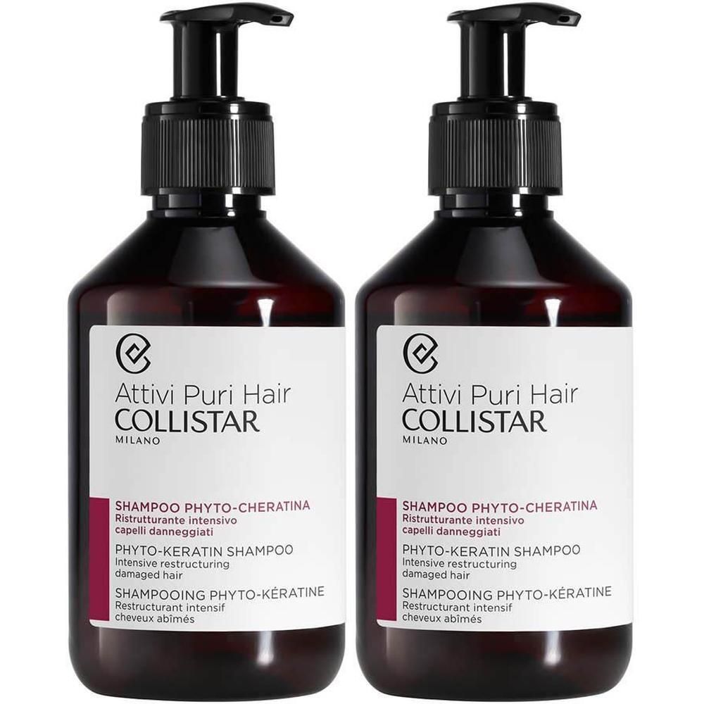 Deux flacons de Collistar Shampooing Phyto-Kératine avec distributeurs à pompe.