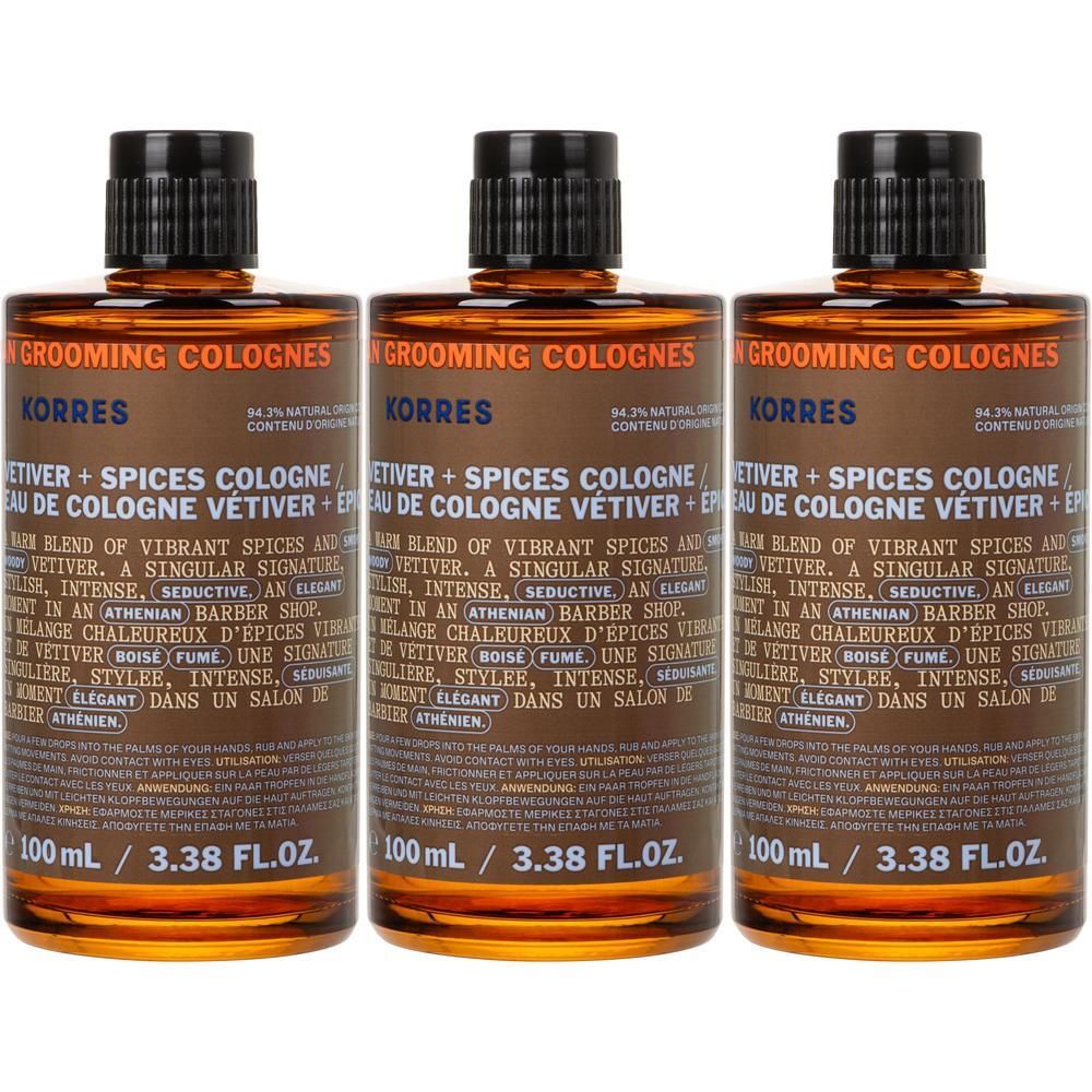 Trois flacons de Korres Eau de Cologne Vétiver + Épices, 100 ml.