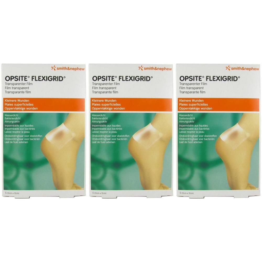 Trois paquets de film transparent Opsite Flexigrid pour plaies superficielles.