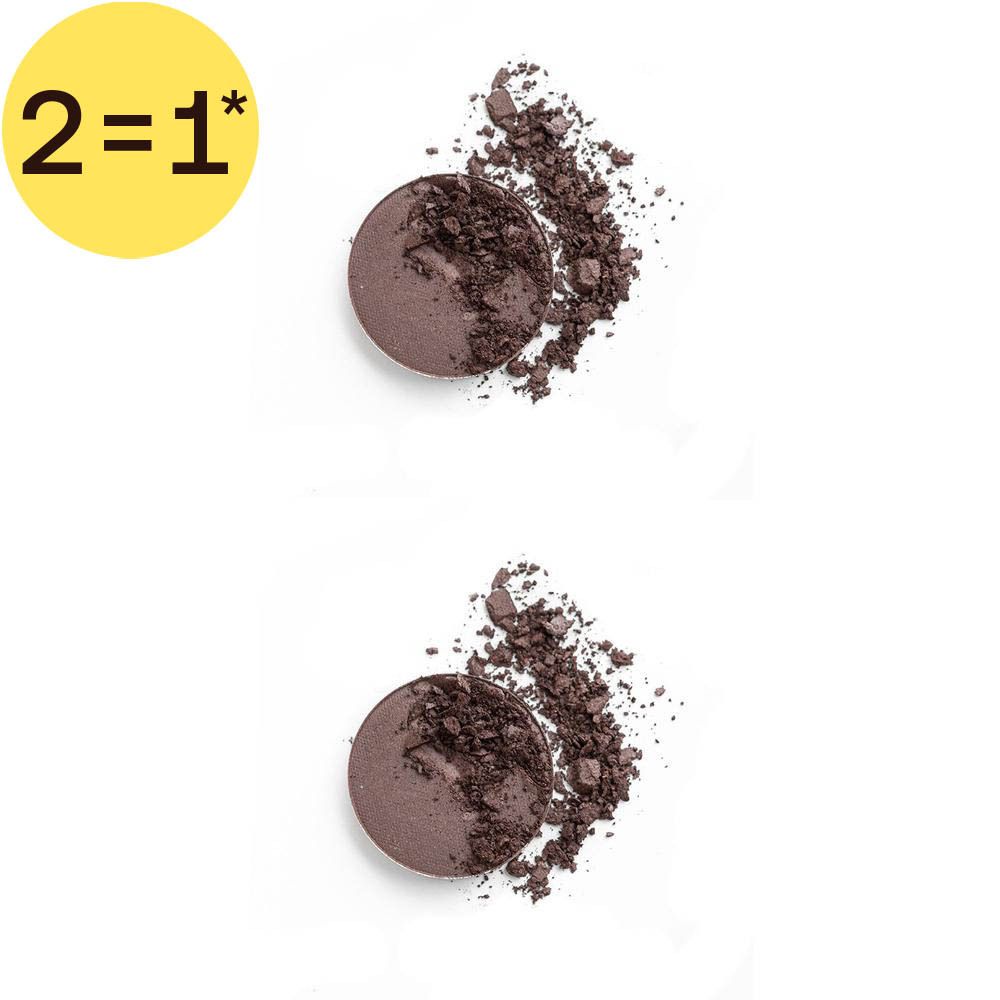 Ombre à paupières minérale compacte ronde, couleur marron, avec poudre éparpillée.