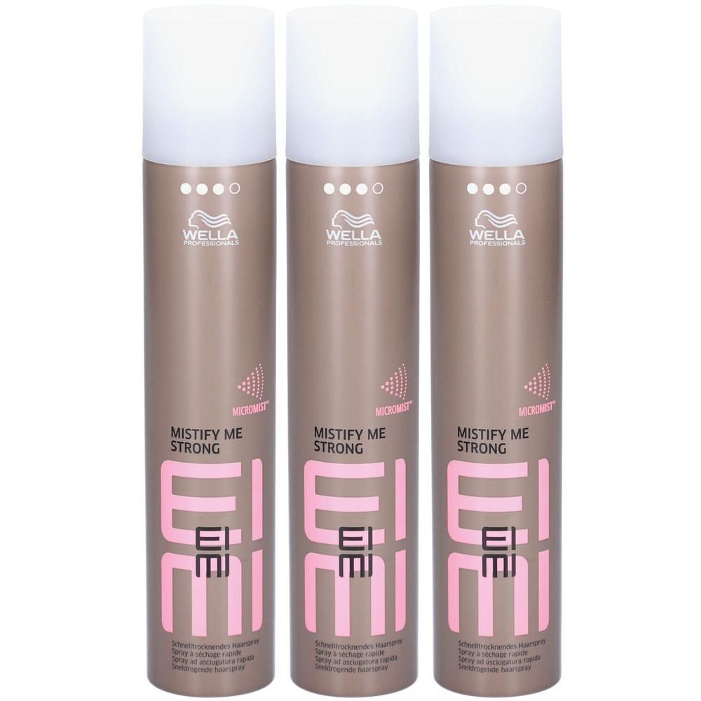 Drie flessen Wella Professionals Eimi Mistify Me Strong haarlak in bruine kleur.