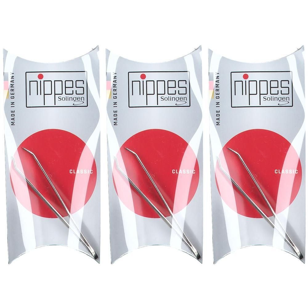 Trois paquets de pinces à épiler Nippes, Solingen. Pinces métalliques à embouts pointus dans un emballage transparent.