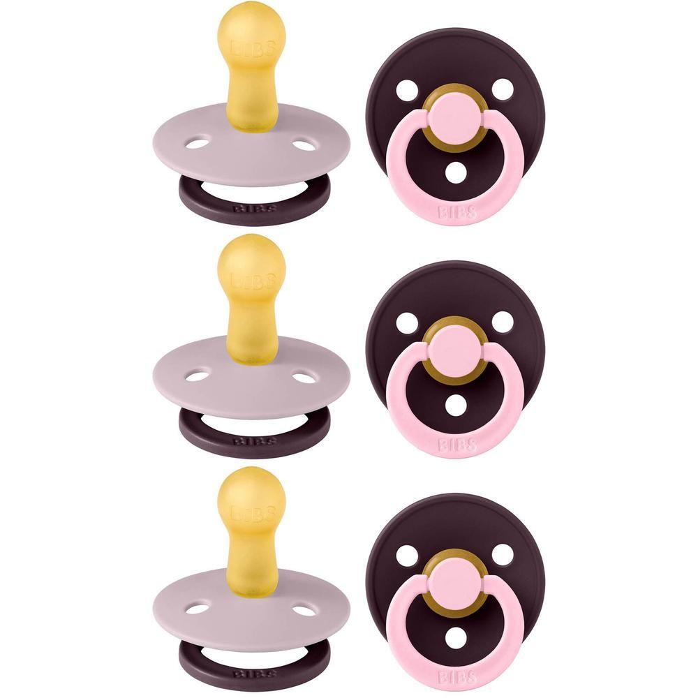 Drie fopspenen in lila en pruimkleur met gele en roze spenen.