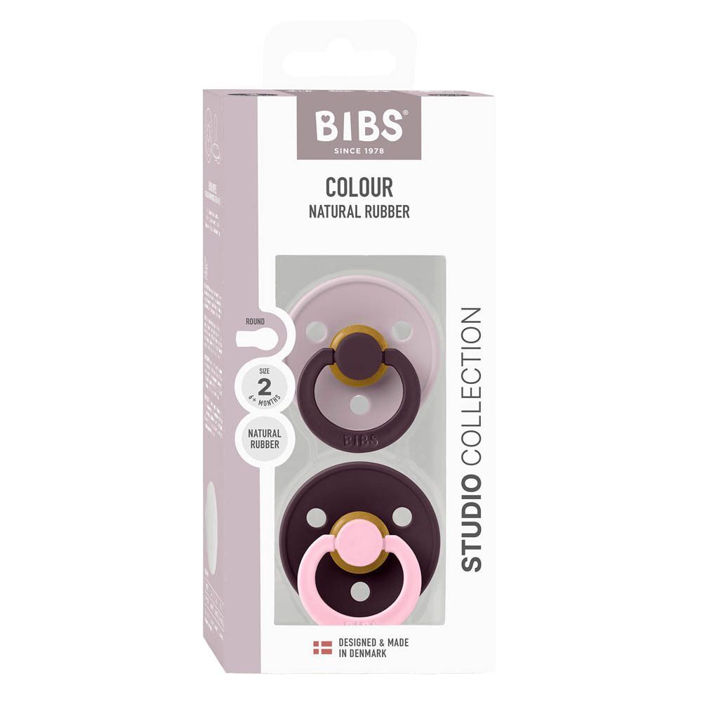 Doos met twee BIBS Studio Duo Fusion fopspenen, maat 2, Lilac/Plum.
