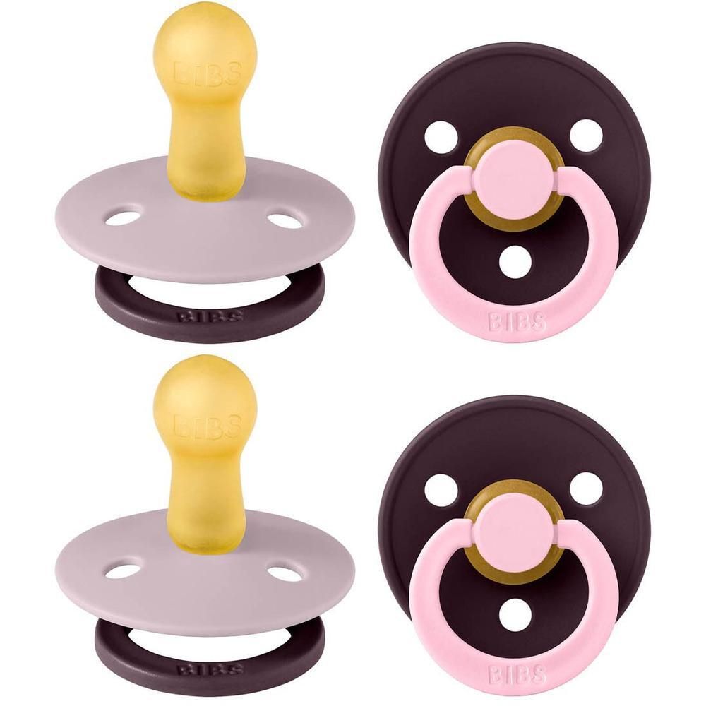 Twee BIBS speentjes in Lilac en Plum, maat 2. Natuurrubberen speen, polypropyleen schild.