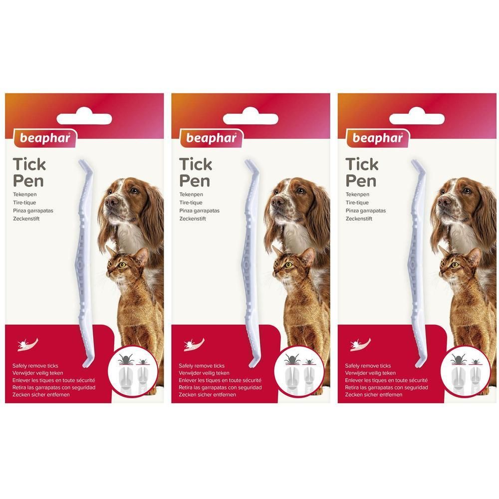 Trois paquets de Beaphar Tick Pen avec chien et chat. Le stylo est blanc et courbé.