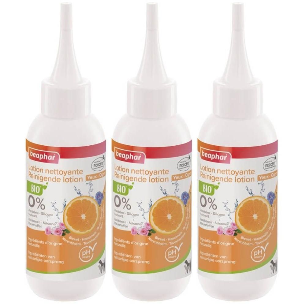 Trois flacons Beaphar Bio Lotion Nettoyante avec rondelles d'orange et fleurs.