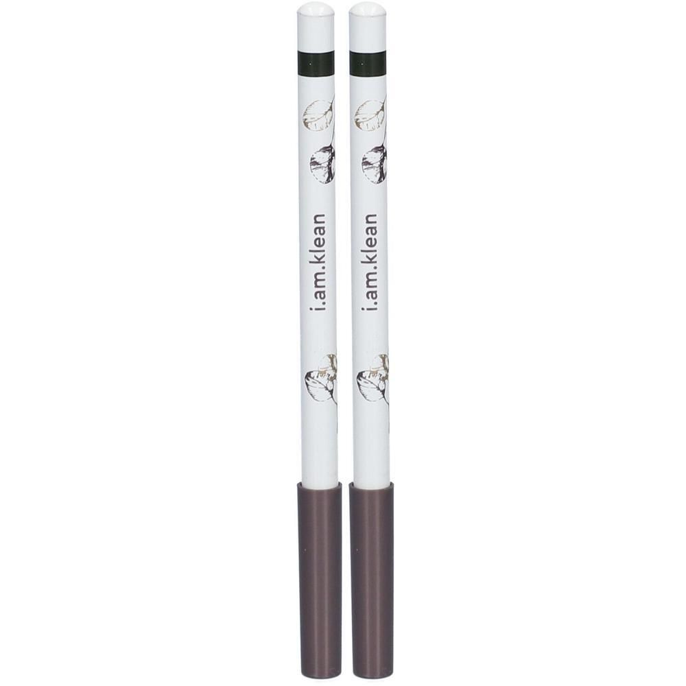 Deux crayons eye-liner i.am.klean avec pointes marron et corps blanc à motifs.
