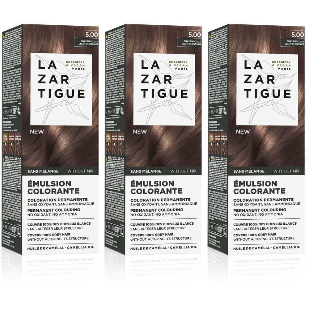 Drie dozen LAZARTIGUE haarkleuring, tint 5.00 Lichtbruin. Permanente kleuring zonder ammoniak.