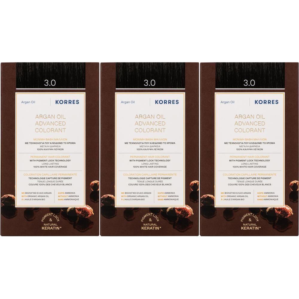 Drie verpakkingen Korres Argan Oil Advanced Colorant 3.0 Donkerbruin.