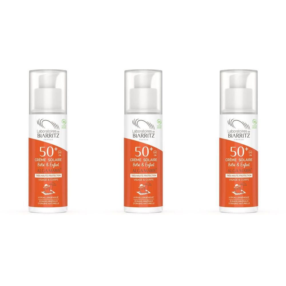 Drie flessen zonnebrandcrème SPF 50+ voor kinderen van Laboratoires de Biarritz.