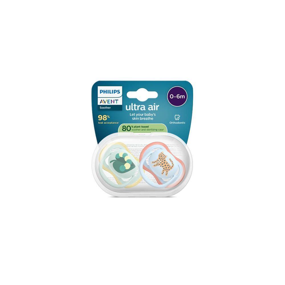 Emballage de sucettes Philips Avent Ultra Air 0-6m avec motifs éléphant et léopard.