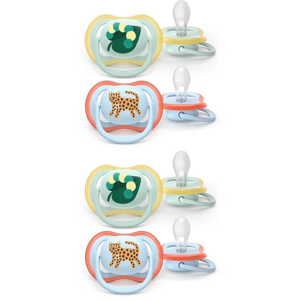 Deux sucettes Philips Avent Ultra Air avec motifs animaux : un léopard et des feuilles.