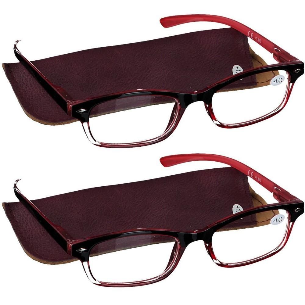 Deux paires de lunettes de lecture à branches rouges et monture noire, avec étui.