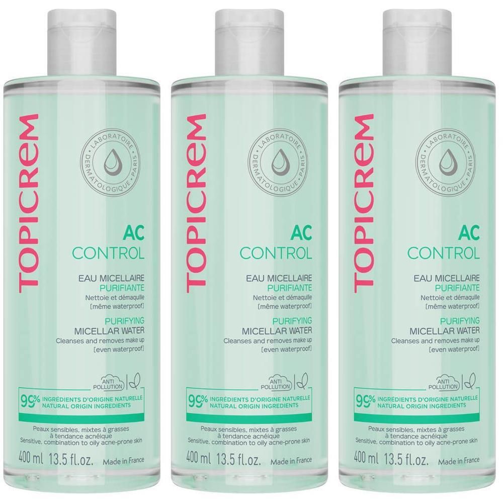 Trois flacons de Topicrem AC Eau Micellaire Purifiante, 400 ml.