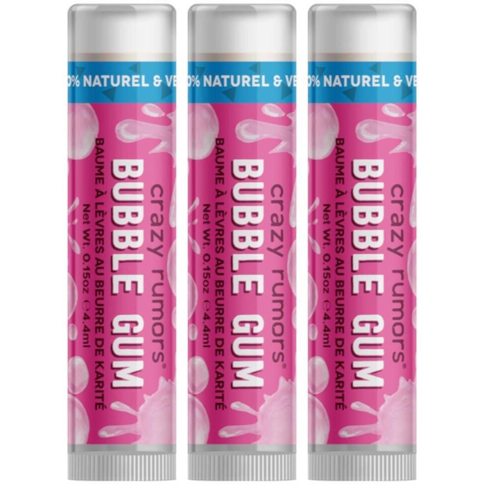 Trois baumes à lèvres Crazy Rumors saveur Bubble Gum.