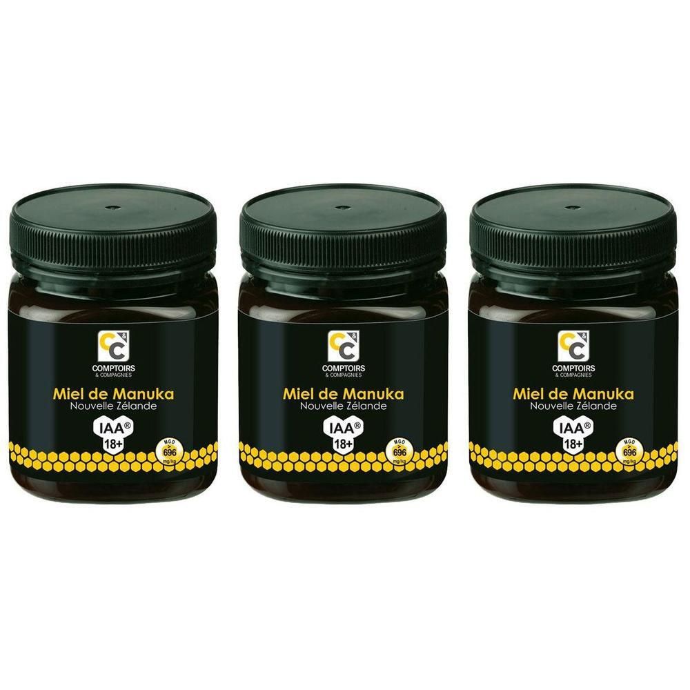 Drie potten Manuka honing IAA 18+ van Comptoirs & Compagnies. Donkere potten met groene deksels.