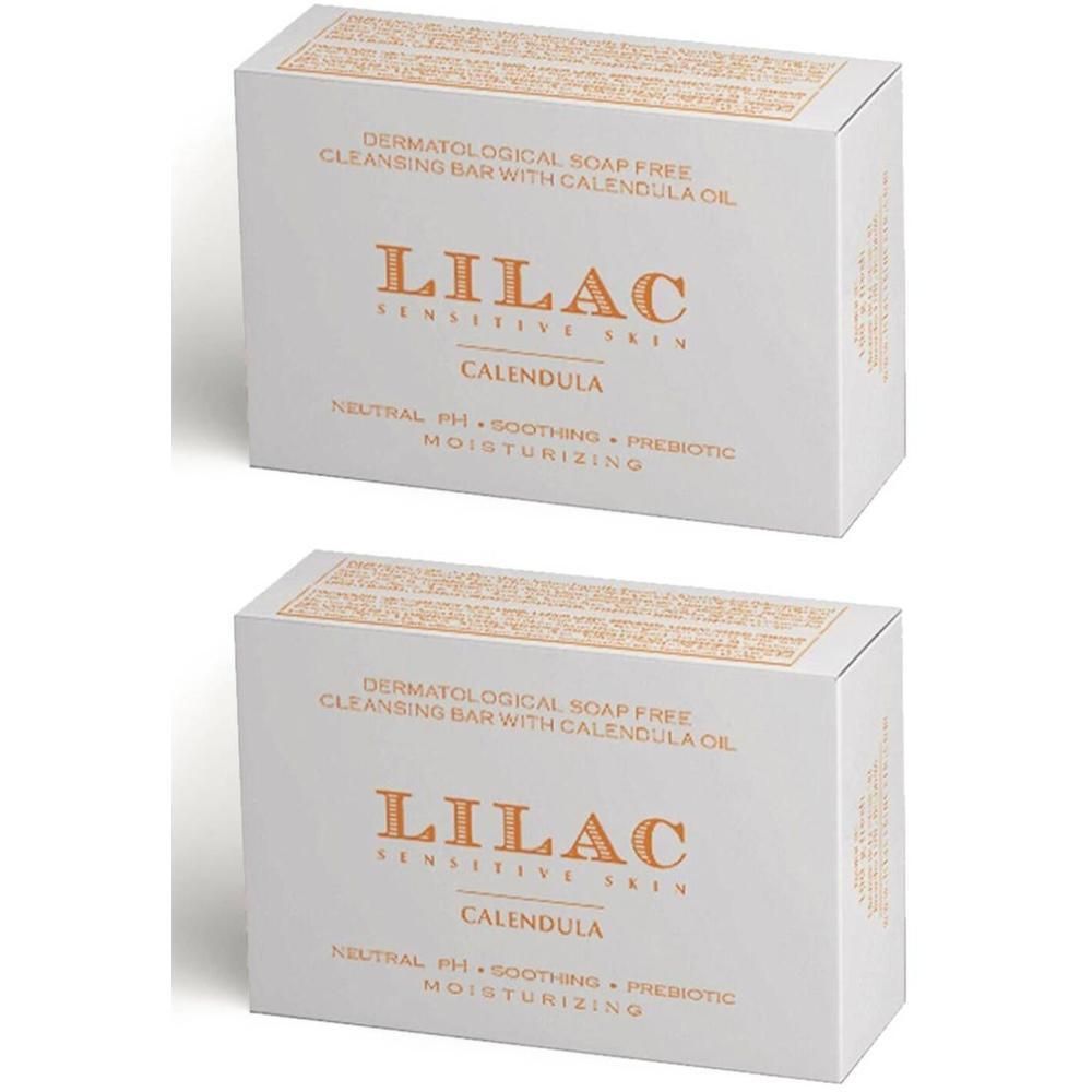 Deux paquets de savon dermatologique Lilac Calendula. Sans savon, pH neutre, apaisant, prébiotique, hydratant.