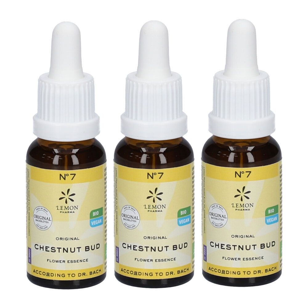 Drie flesjes met druppeldop, bruin glas, etiket met "N°7 Chestnut Bud Flower Essence".