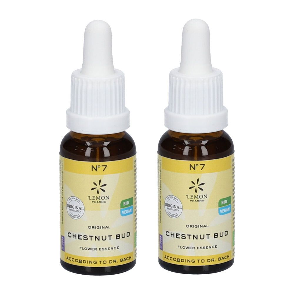 Twee flesjes Bio Bach bloesem nr. 7 Chestnut Bud van Lemon Pharma. Bruine glazen flesjes met druppelaar.