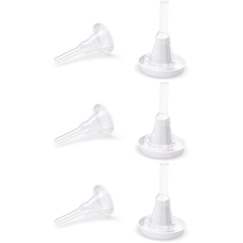 Trois préservatifs urinaires transparents avec une base large et une sortie étroite.