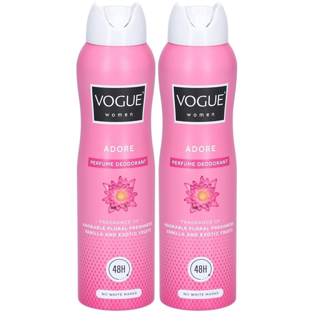 Deux flacons roses Vogue Adore Parfum Déodorant avec bouchon blanc. Montre une fleur et "48H".