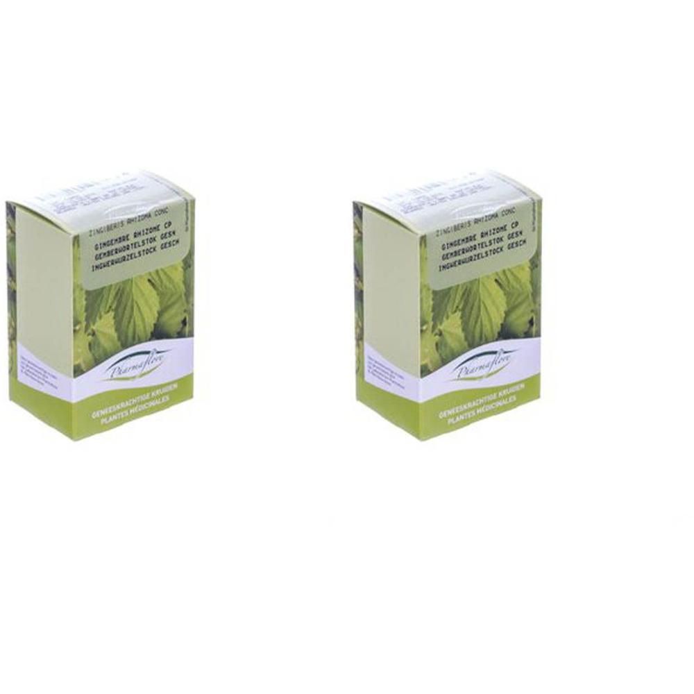 Deux boîtes de tisane de racine de gingembre Pharmaflore avec des feuilles.