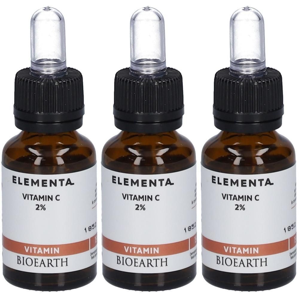 Trois flacons en verre avec compte-gouttes, Elementa Vitamine C 2% de Bioearth.