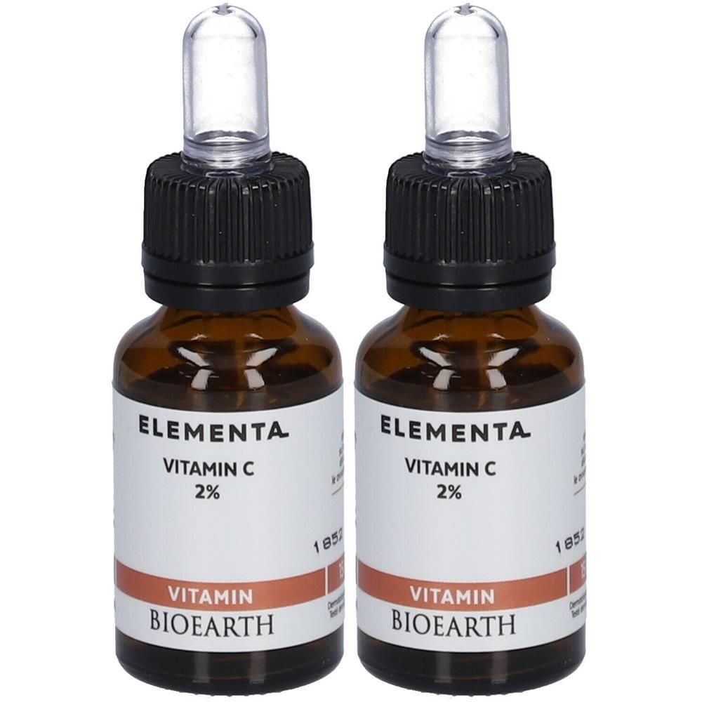 Deux flacons en verre avec compte-gouttes, Elementa Vitamine C 2% de Bioearth.