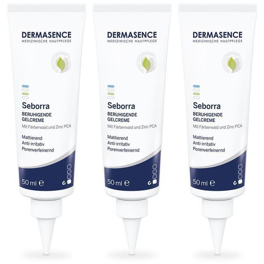 Drie tubes Dermasence Seborra Gel-Crème, 50 ml. Kalmerende gel-crème met Farberwals en Zink PCA.
