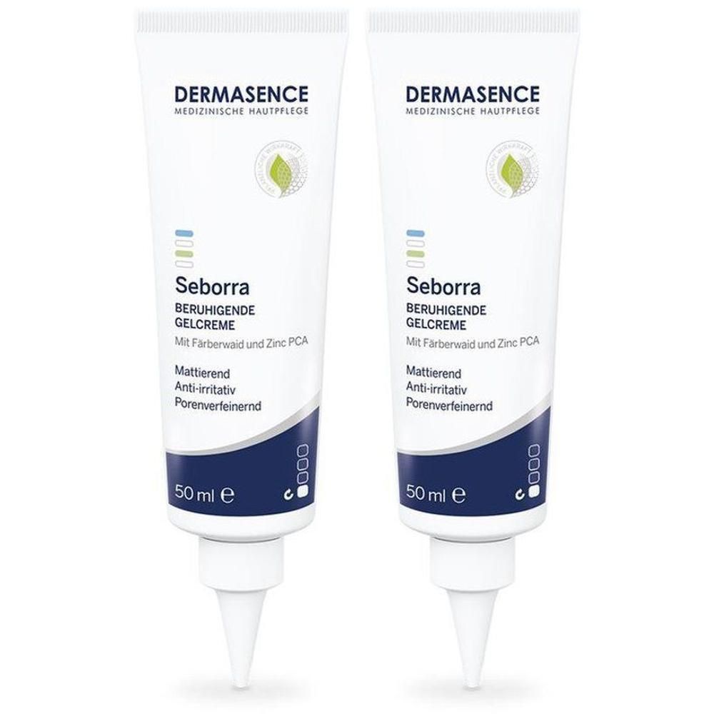 Twee tubes Dermasence Seborra Kalmerende Gel-Crème, elk 50 ml.