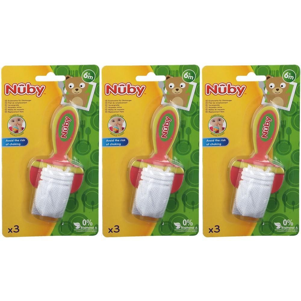 Nuby bijtringen in 3-pack, rood en geel, met wit netje. Vanaf 6 maanden.
