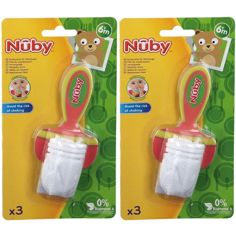 Deux anneaux de dentition Nuby avec filet et manche, pour bébés dès 6 mois. L'emballage indique "x3".