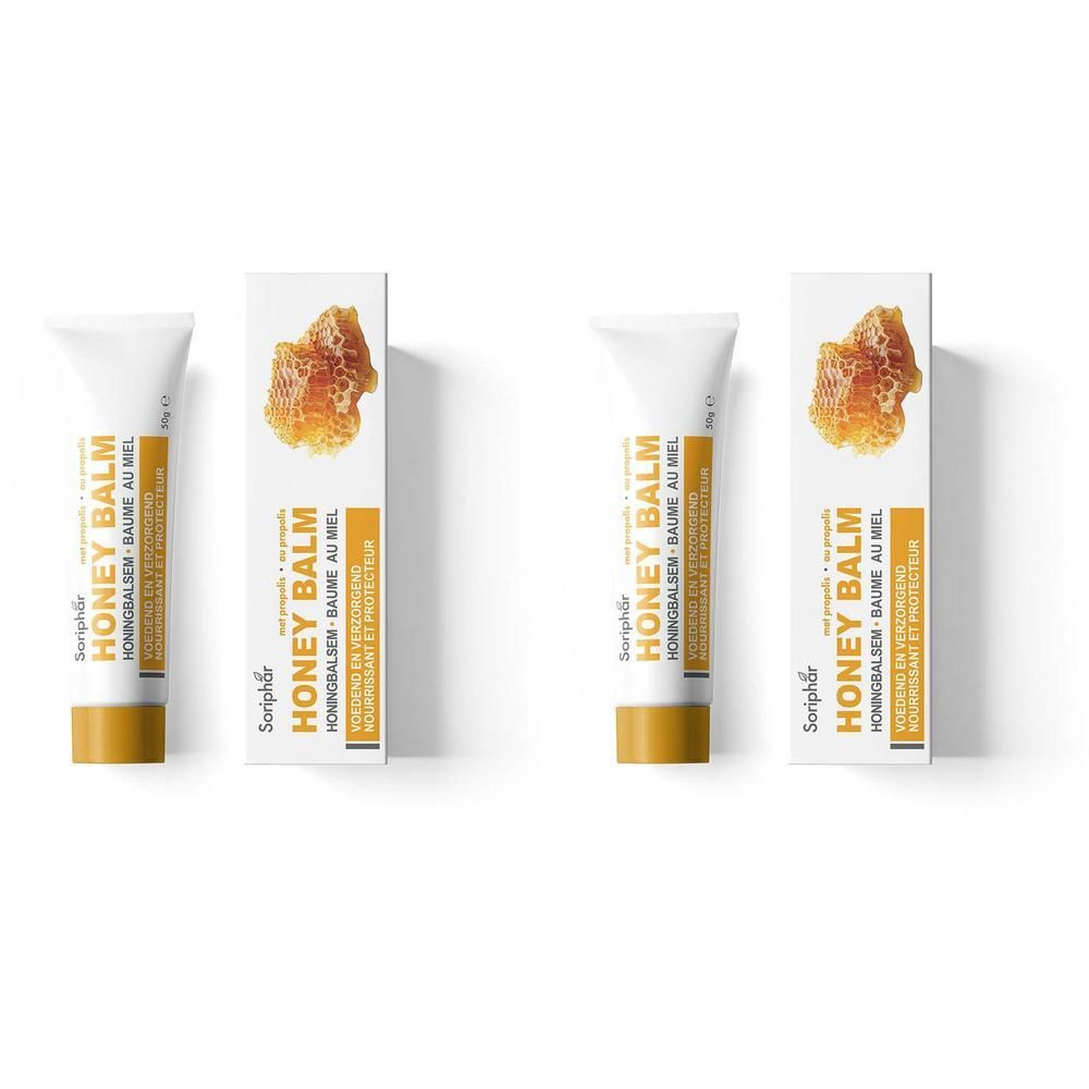 Deux tubes et boîtes de baume au miel. La boîte présente un nid d'abeille.