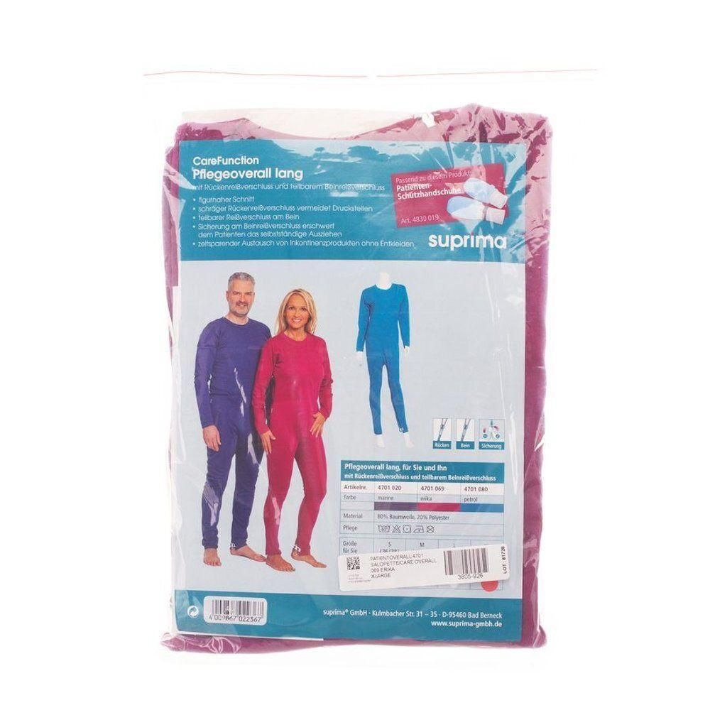 Emballage d'une combinaison de soins bicolore avec fermeture éclair dans le dos et sur les jambes.