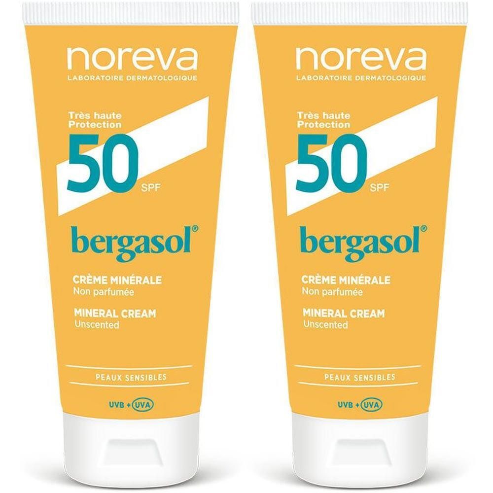 Twee tubes Noreva Bergasol Expert Minerale Crème SPF50+.