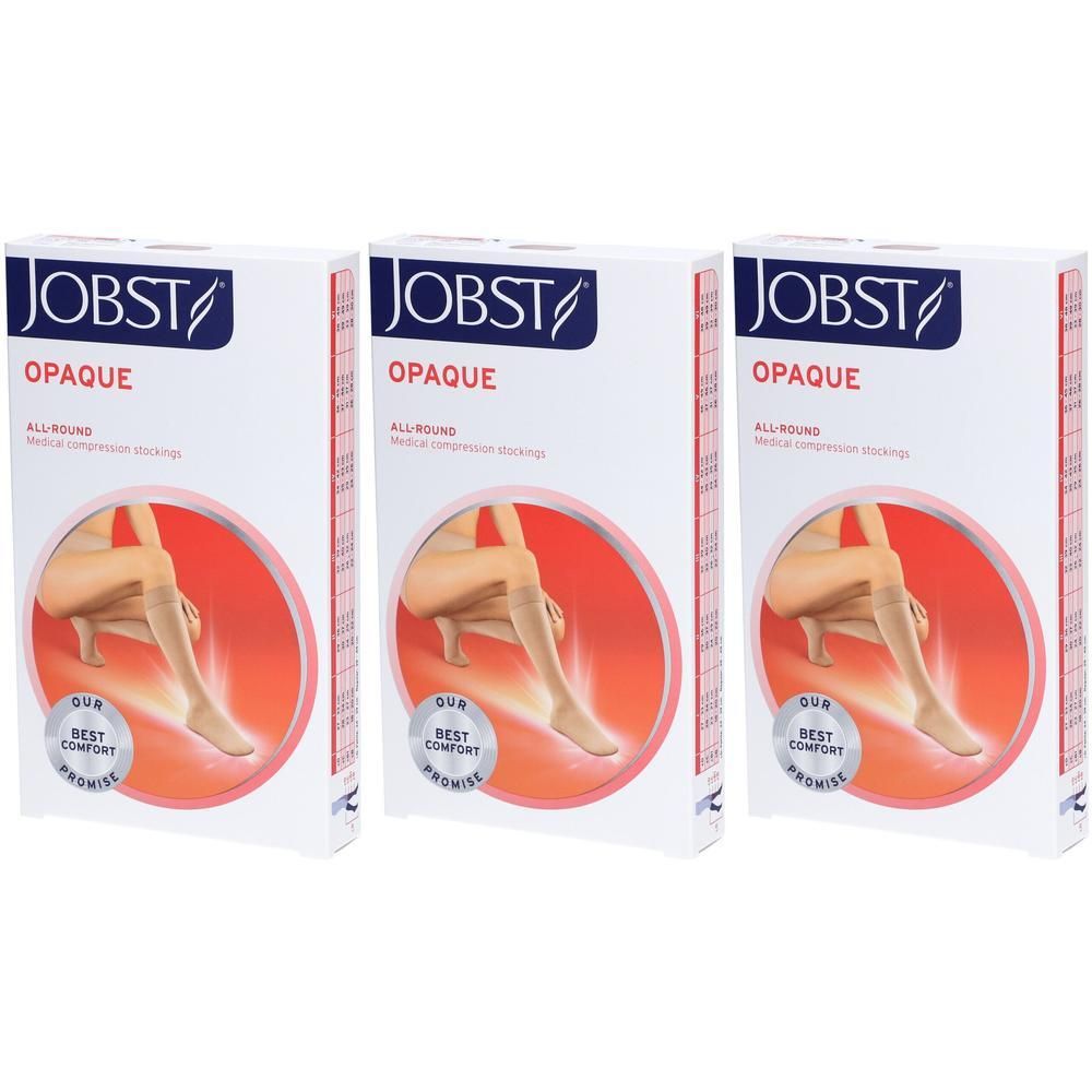 Trois boîtes de bas de compression JOBST OPAQUE. Chaque boîte montre une femme portant des bas de compression.