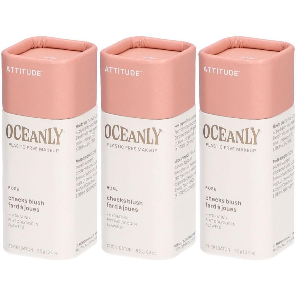 Trois sticks de blush rose Attitude Oceanly, maquillage sans plastique.