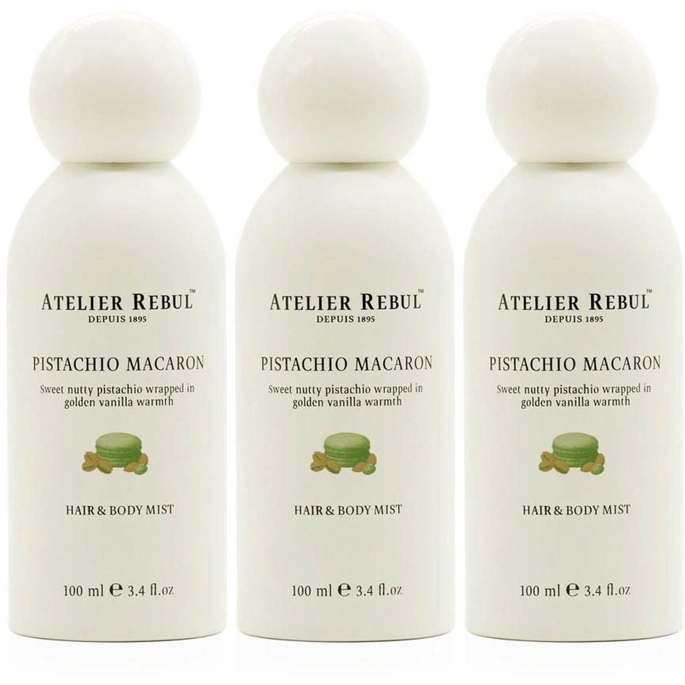 Trois flacons Atelier Rebul Pistachio Macaron Hair & Body Mist, 100 ml.