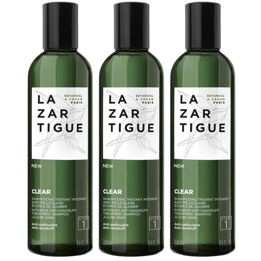 Drie flessen Lazartigue Clear intensieve anti-roos shampoo voor droog haar.