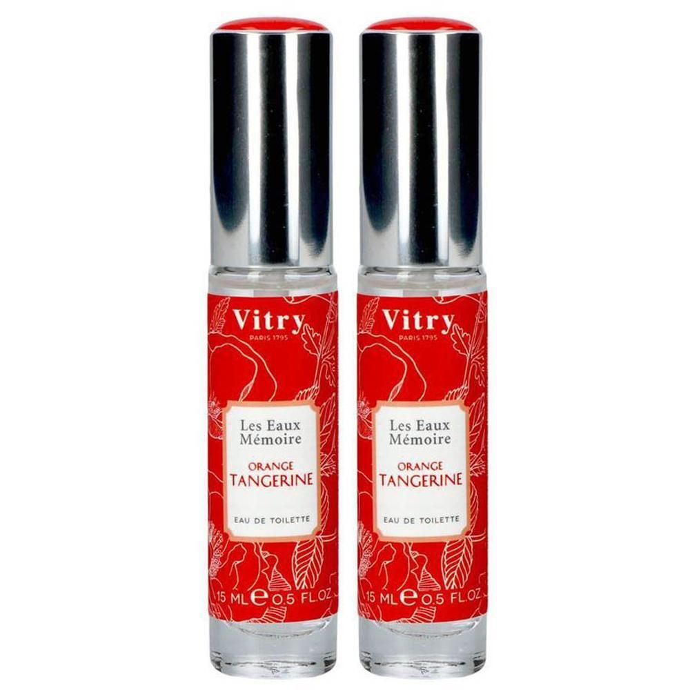 Deux flacons Vitry Eau de Toilette Orange Tangerine avec bouchons argentés et étiquettes rouges.