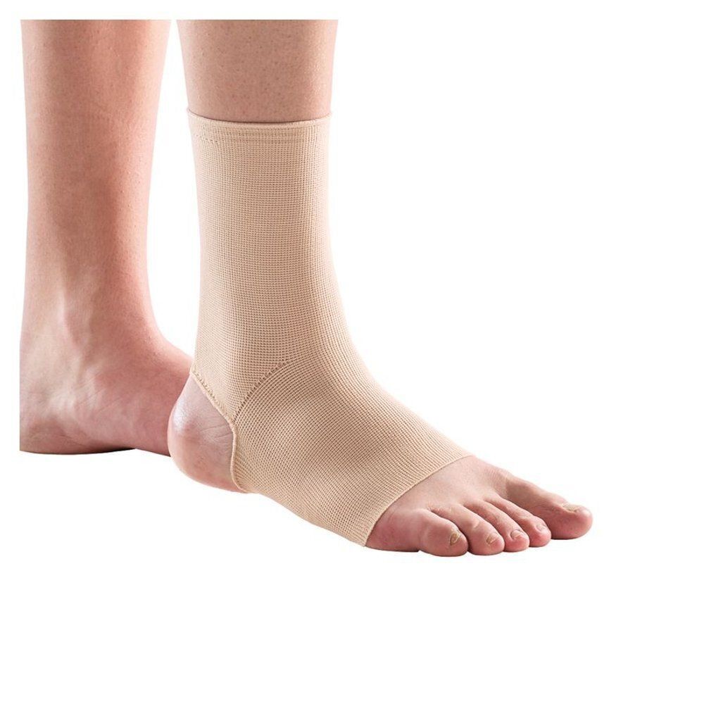 Beige enkelbrace met open teen, die over de voet en enkel reikt.