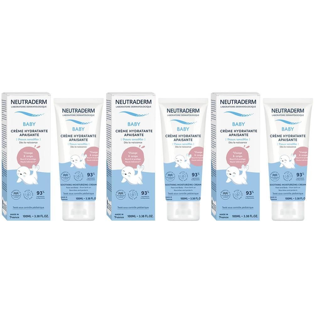 Cinq tubes de crème hydratante apaisante Neutraderm Baby avec un phoque et 93% d'ingrédients d'origine naturelle.