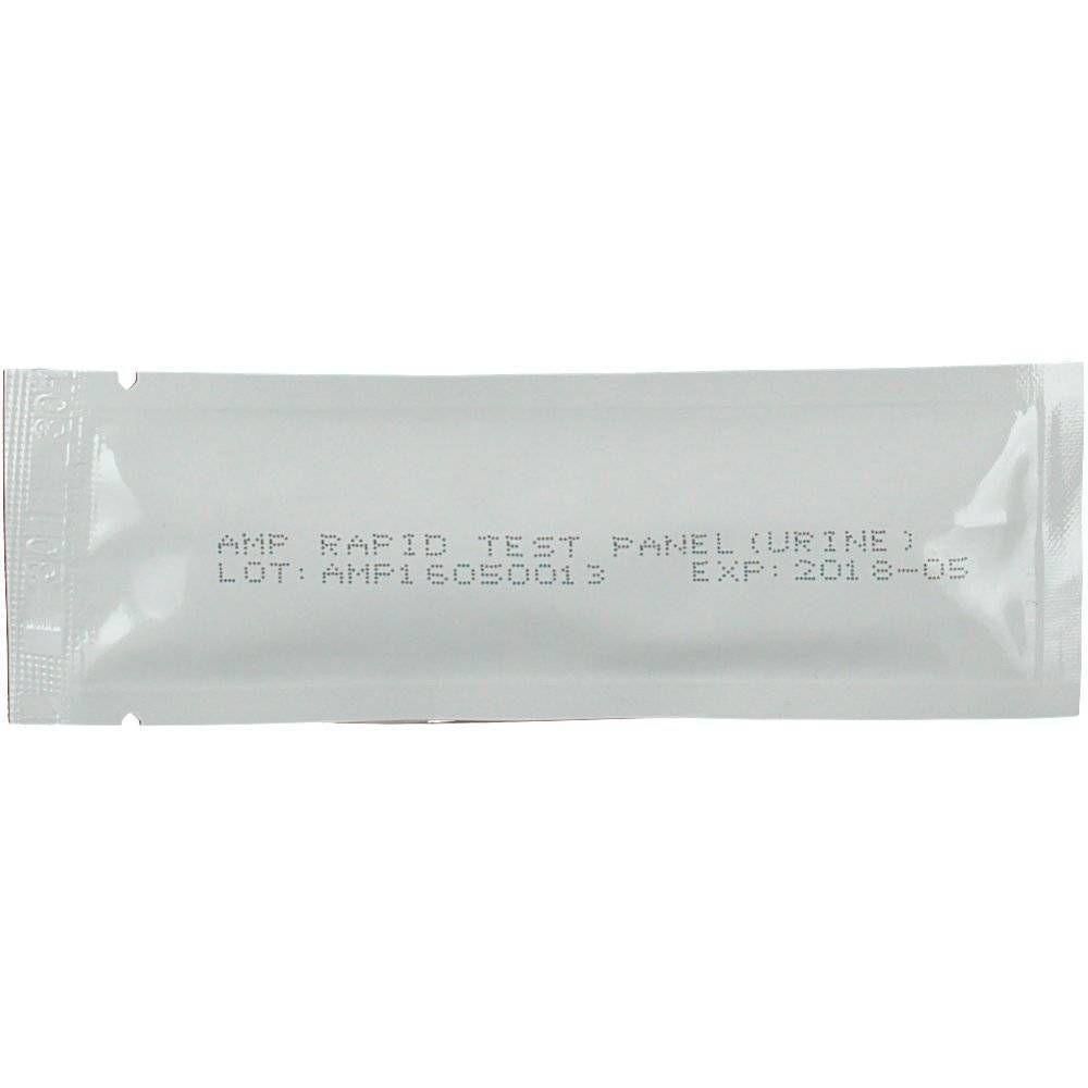 Test rapide d'amphétamines pour urine, scellé dans un emballage blanc.