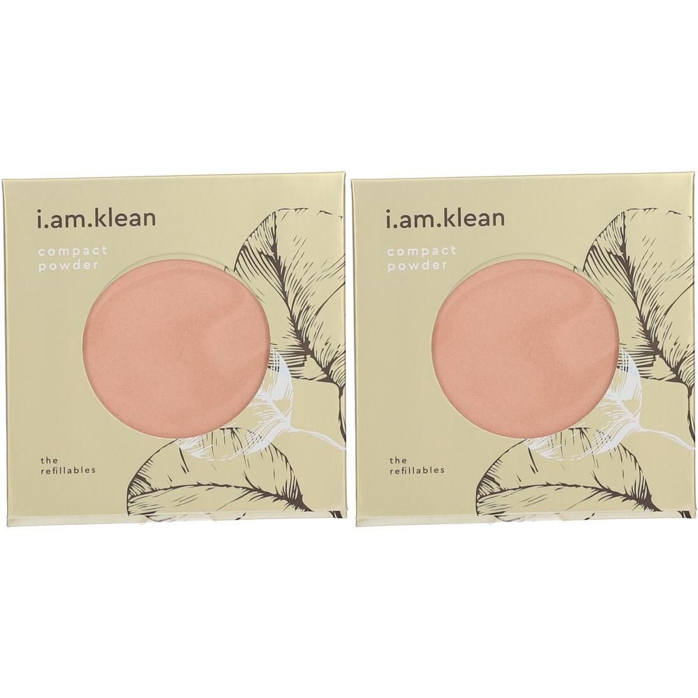 Deux paquets de poudre compacte i.am.klean, teinte pêche, avec motif de feuilles.