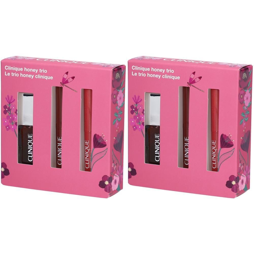 Twee Clinique Honey Trio geschenksets met elk drie lipproducten in rode en bruine tinten.