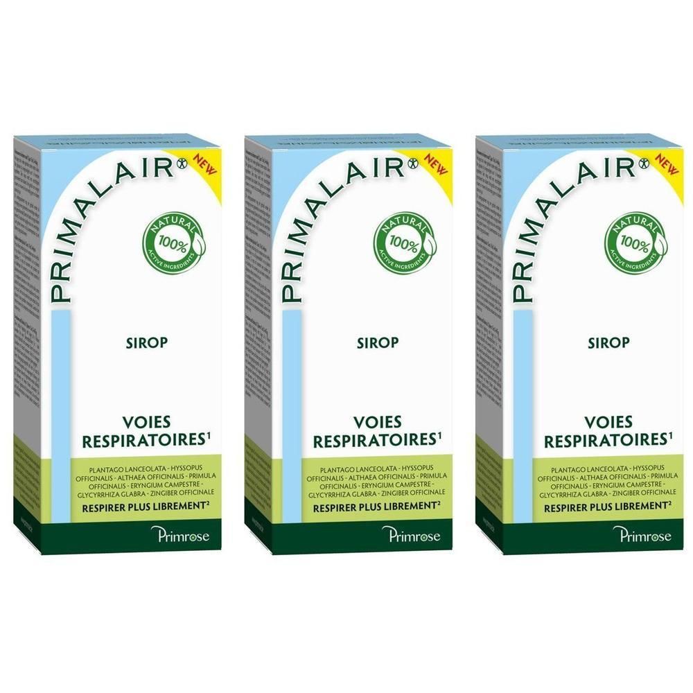 Trois boîtes de Primrose Primalair Sirop pour les voies respiratoires.