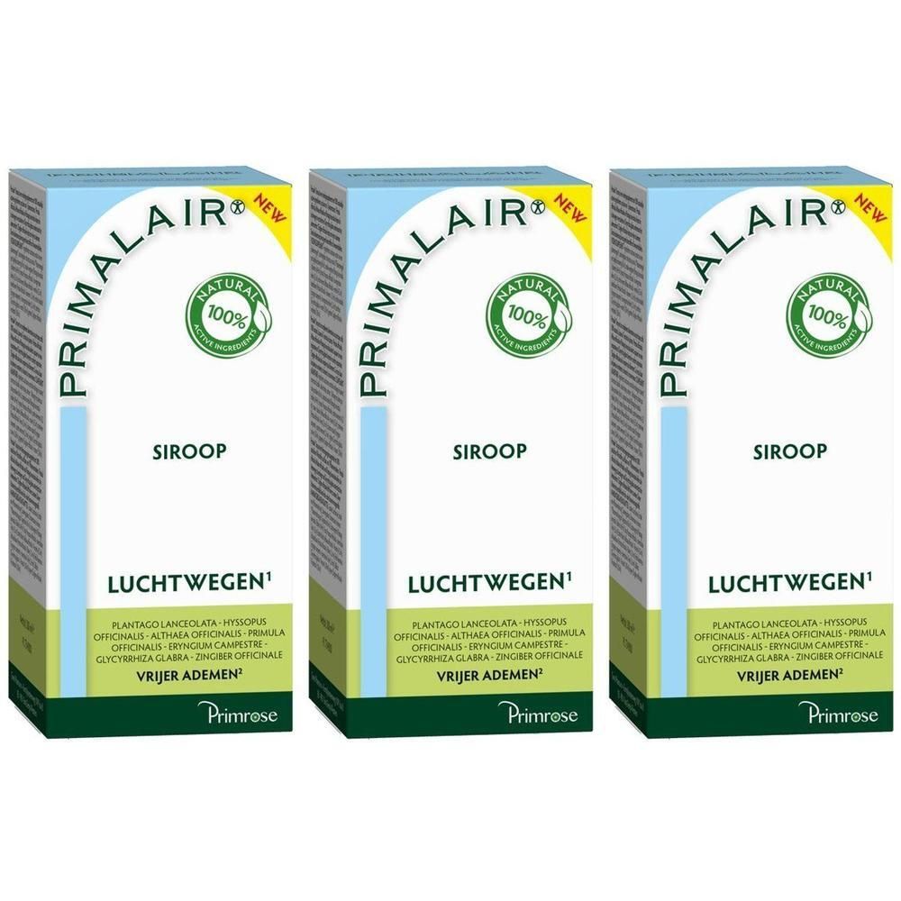 Drie verpakkingen Primrose Primalair Siroop voor de luchtwegen.